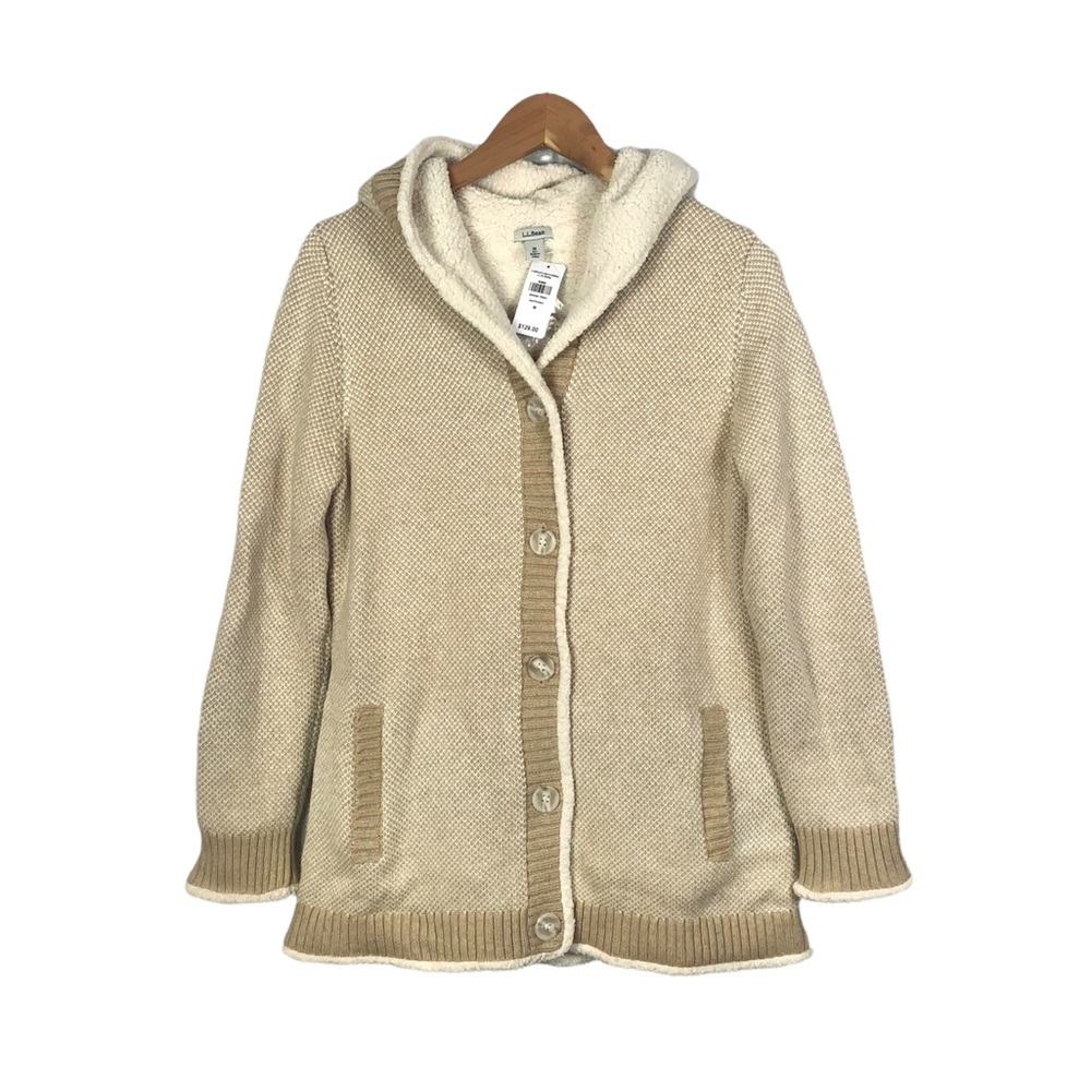 LL Bean Sherpa Lined Birdseye Cardigan Sweater Medium Hoodie Tan Cream NWOT